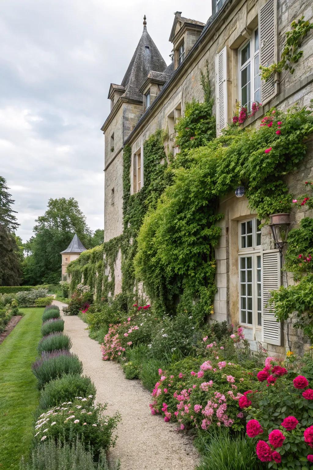 Chateau-style architecture augmenting garden aesthetics.
