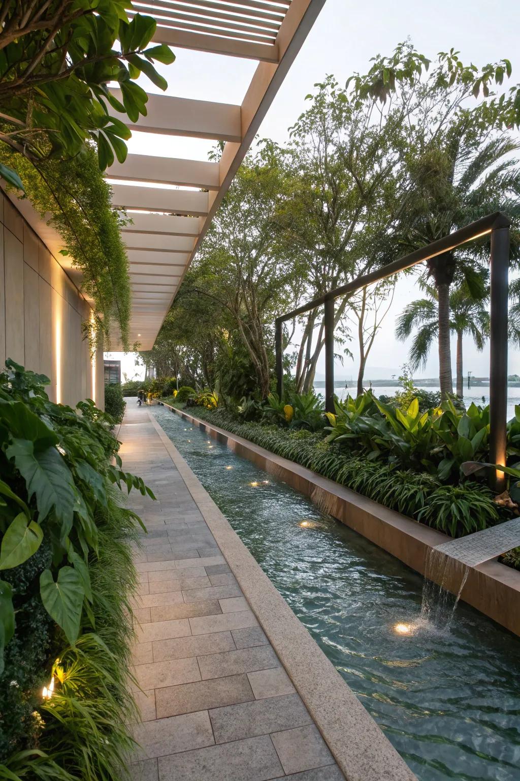 A peaceful path enhanced by a gentle water feature.