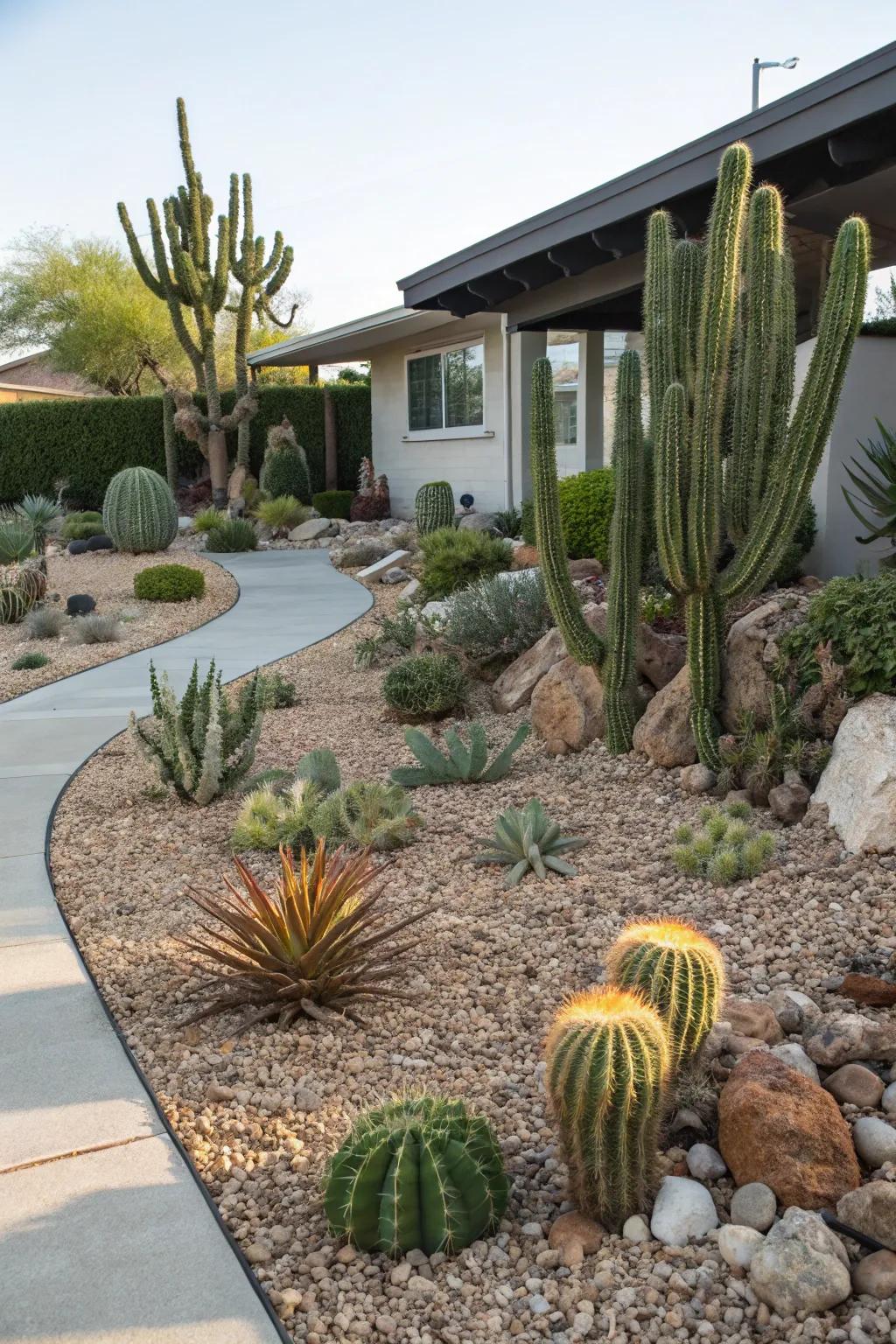 Crushed stone ground cover for moisture management and weed control.
