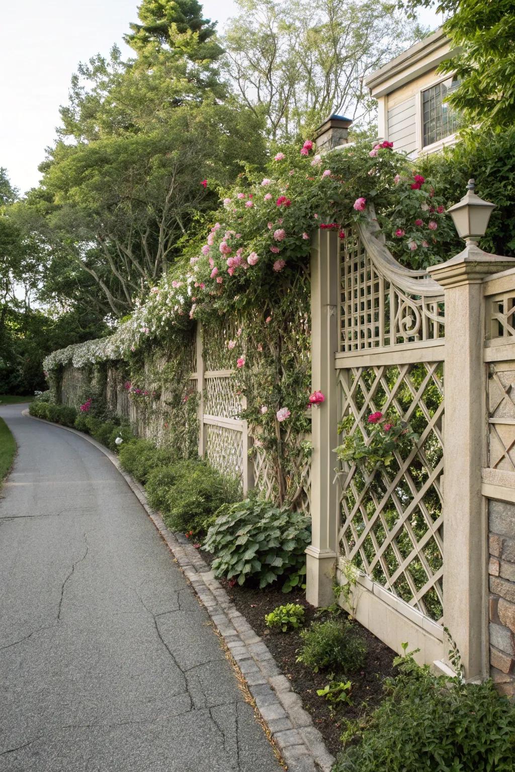 An ornamental crosshatch boundary supports vibrant climbing greenery, amplifying home appeal.