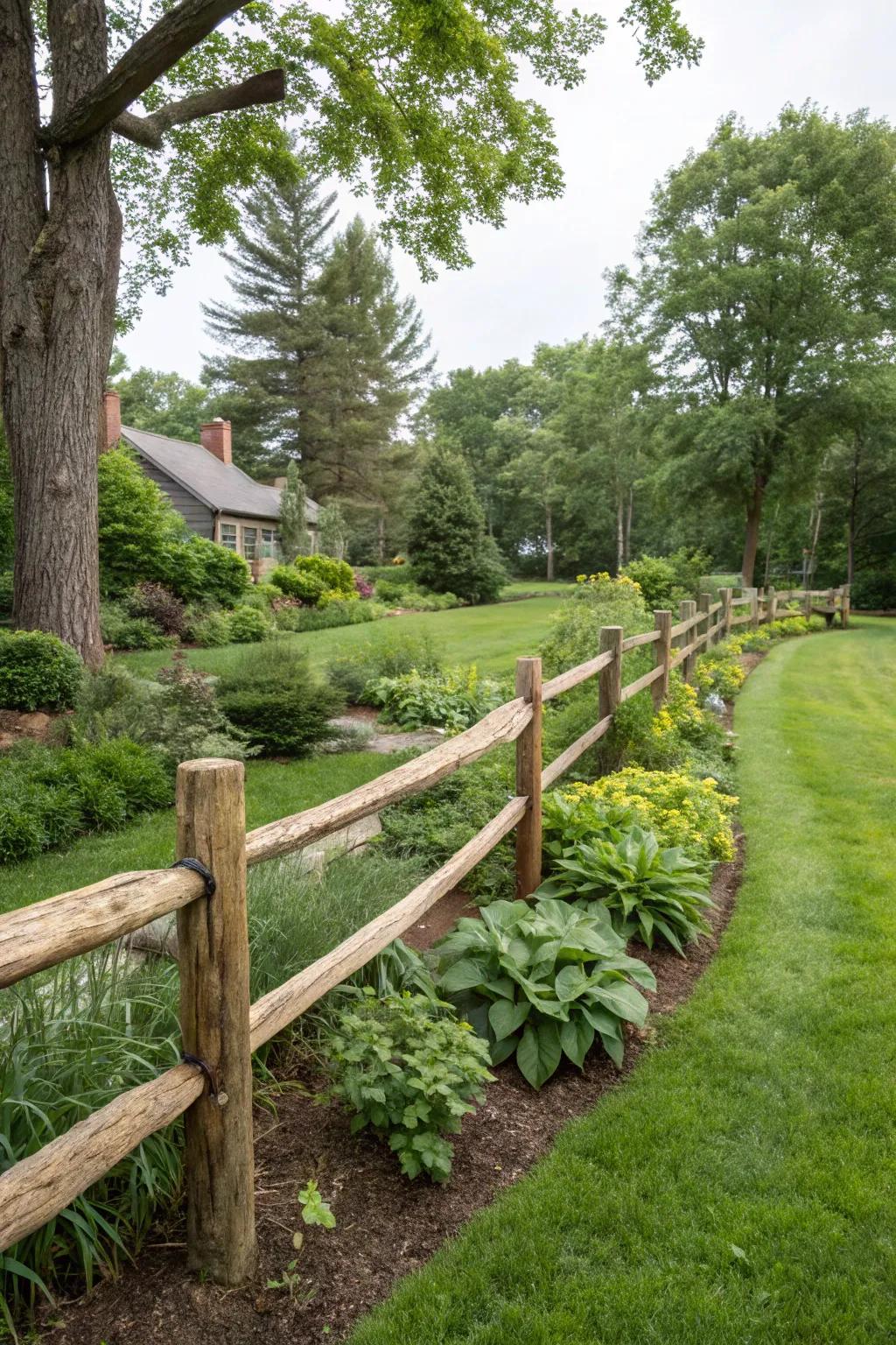 Rustic split rail barriers radiate countryside charm.