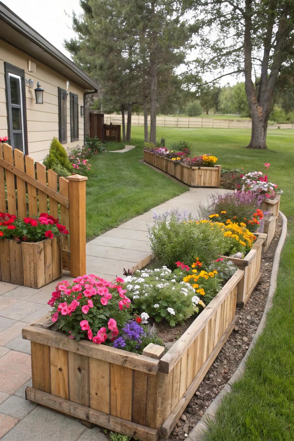 Country-style wood accents contribute charm and an organic vibe to the flower beds.