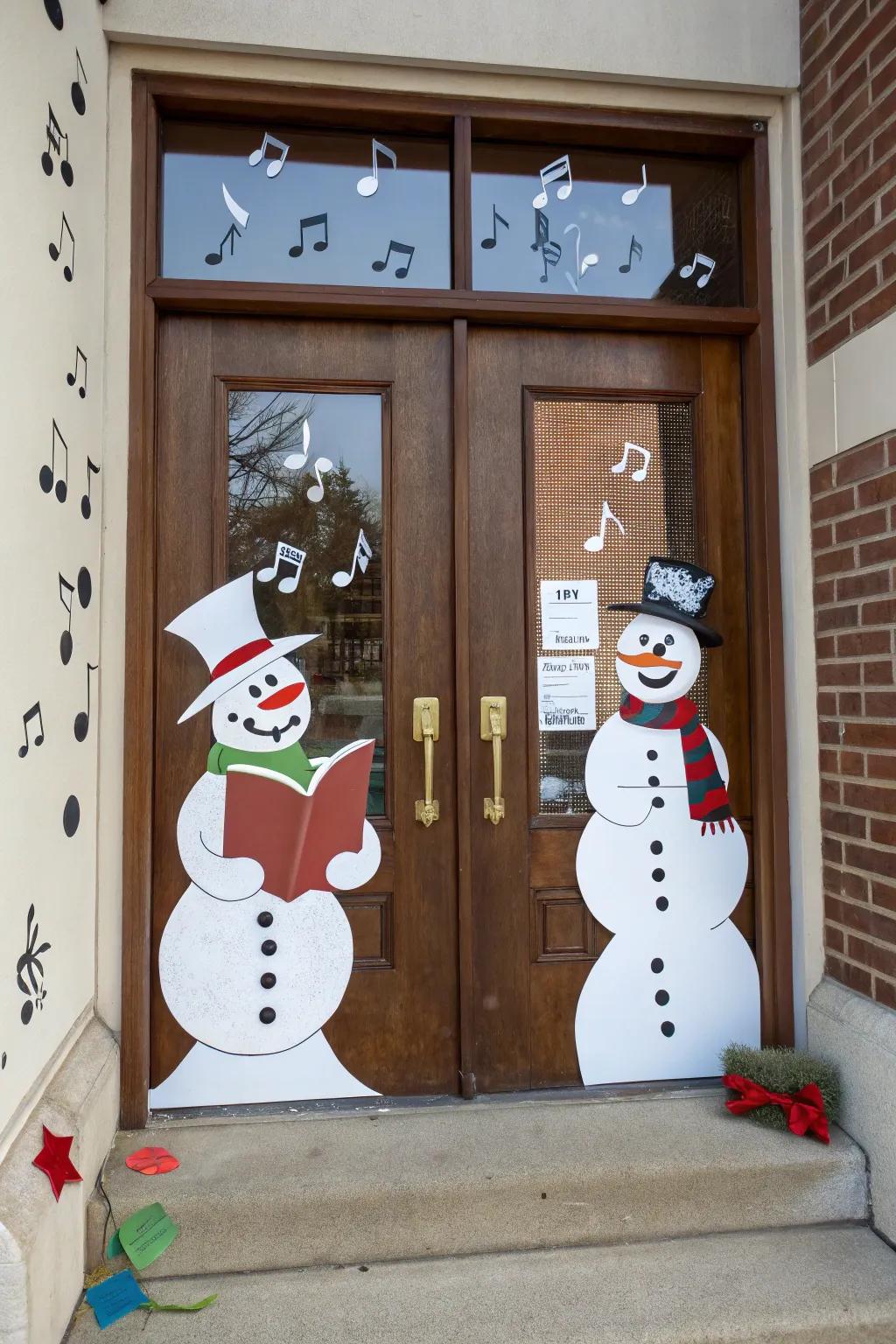 Harmonizing snow persons impart a musical and merry atmosphere to your holiday portal.