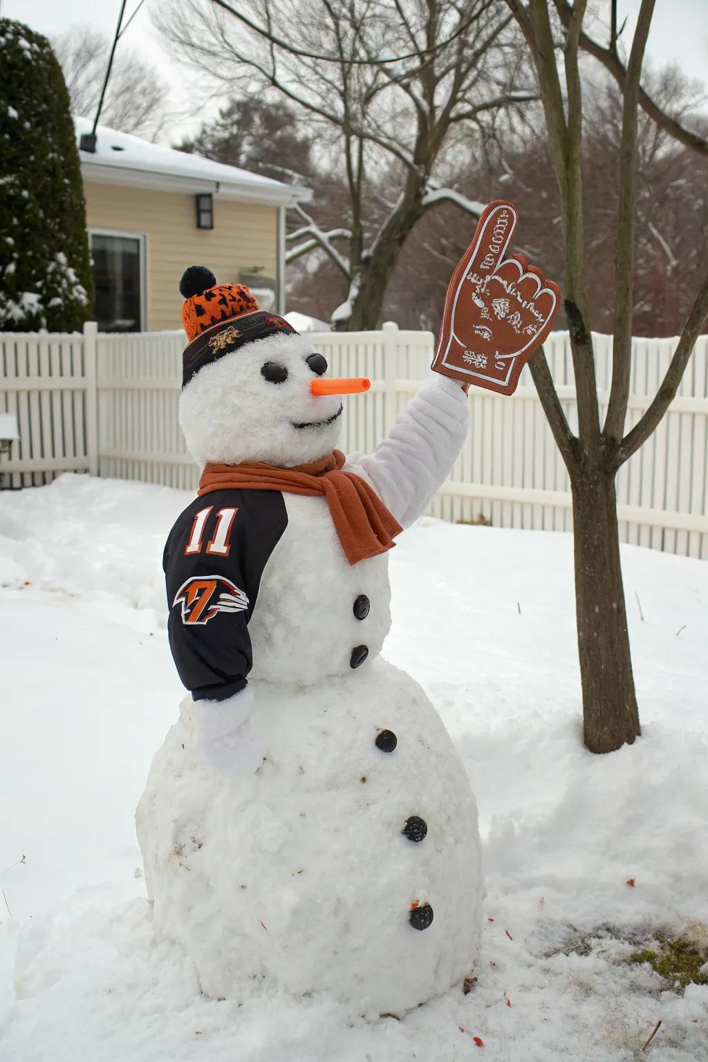 A snow-figure cheering for the home squad.