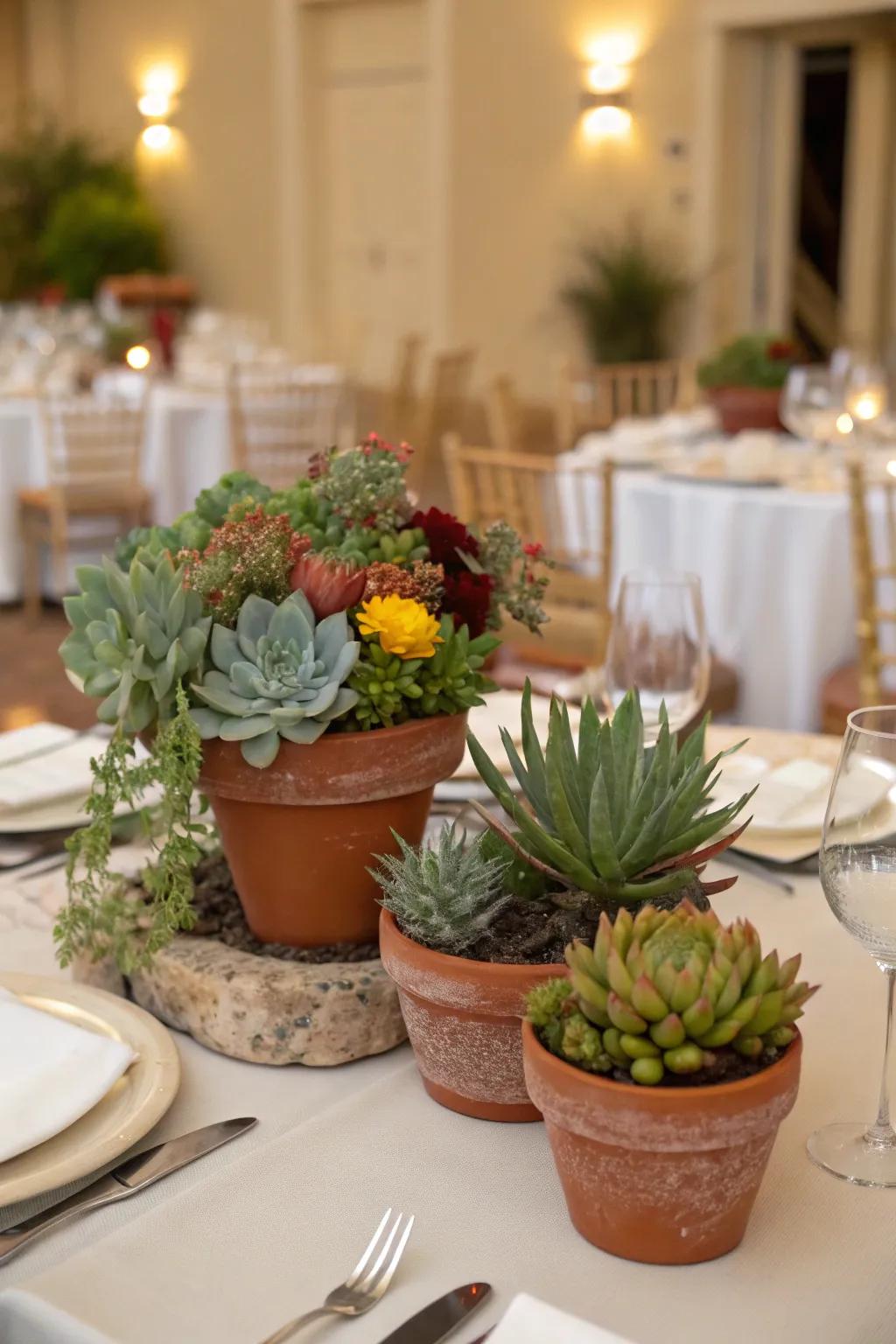 Nature-respecting centerpieces featuring potted flora and succulents.
