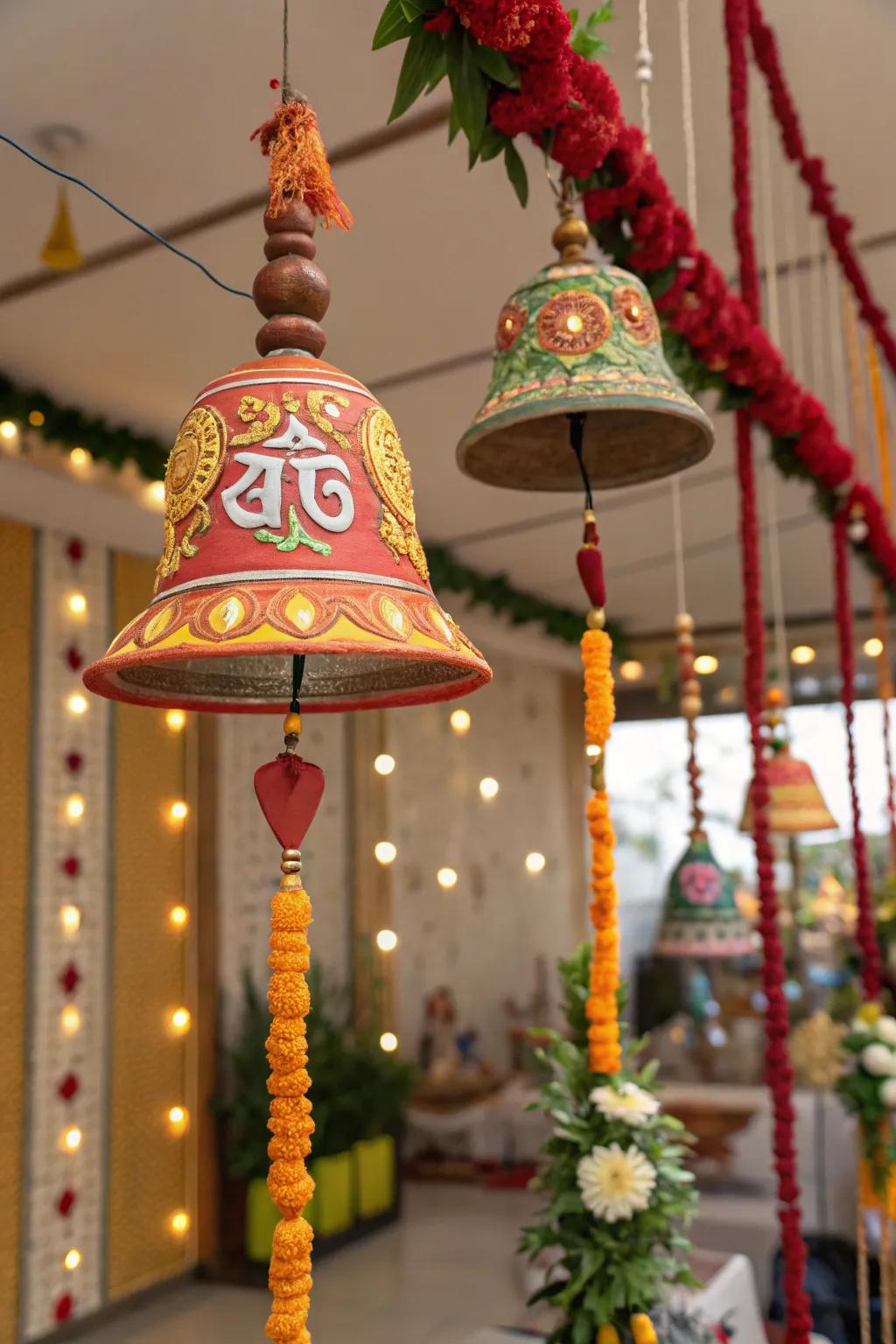 Suspended bells and chimes, injecting a tranquil sonic dimension into Ganesh Chaturthi decorations.
