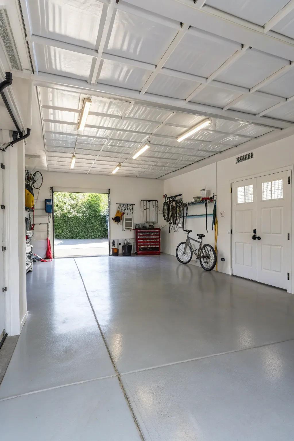 Glossy white paint enhances light reflection, making the garage feel more open.