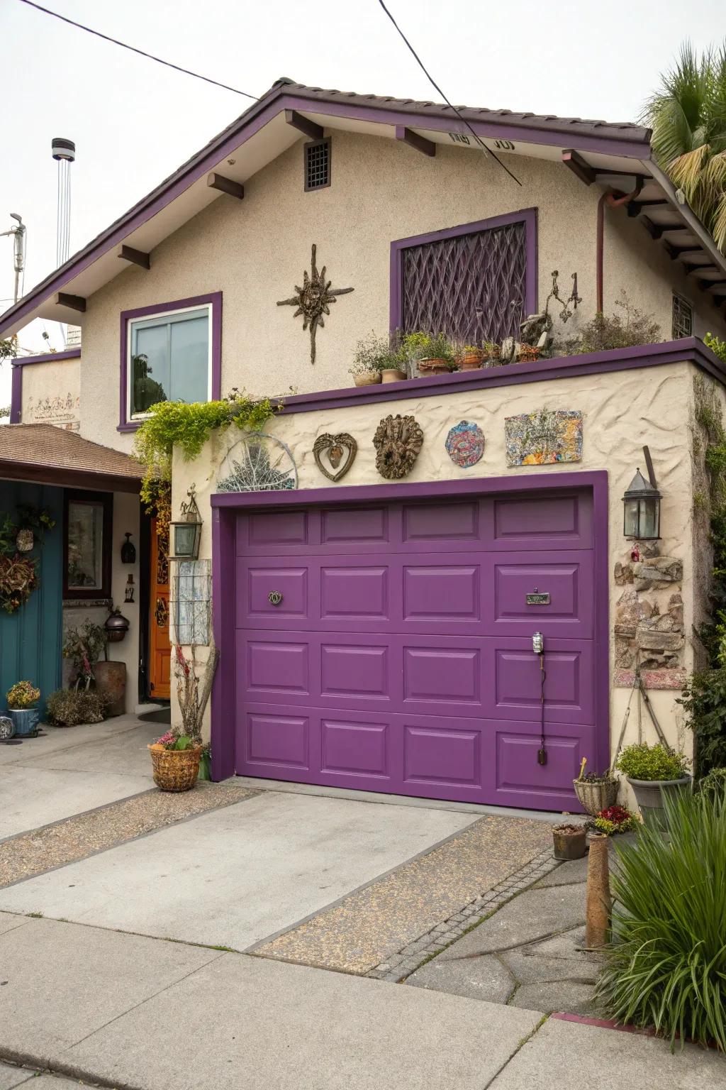 Unexpected amethyst garage entries present a playful and creative nuance.