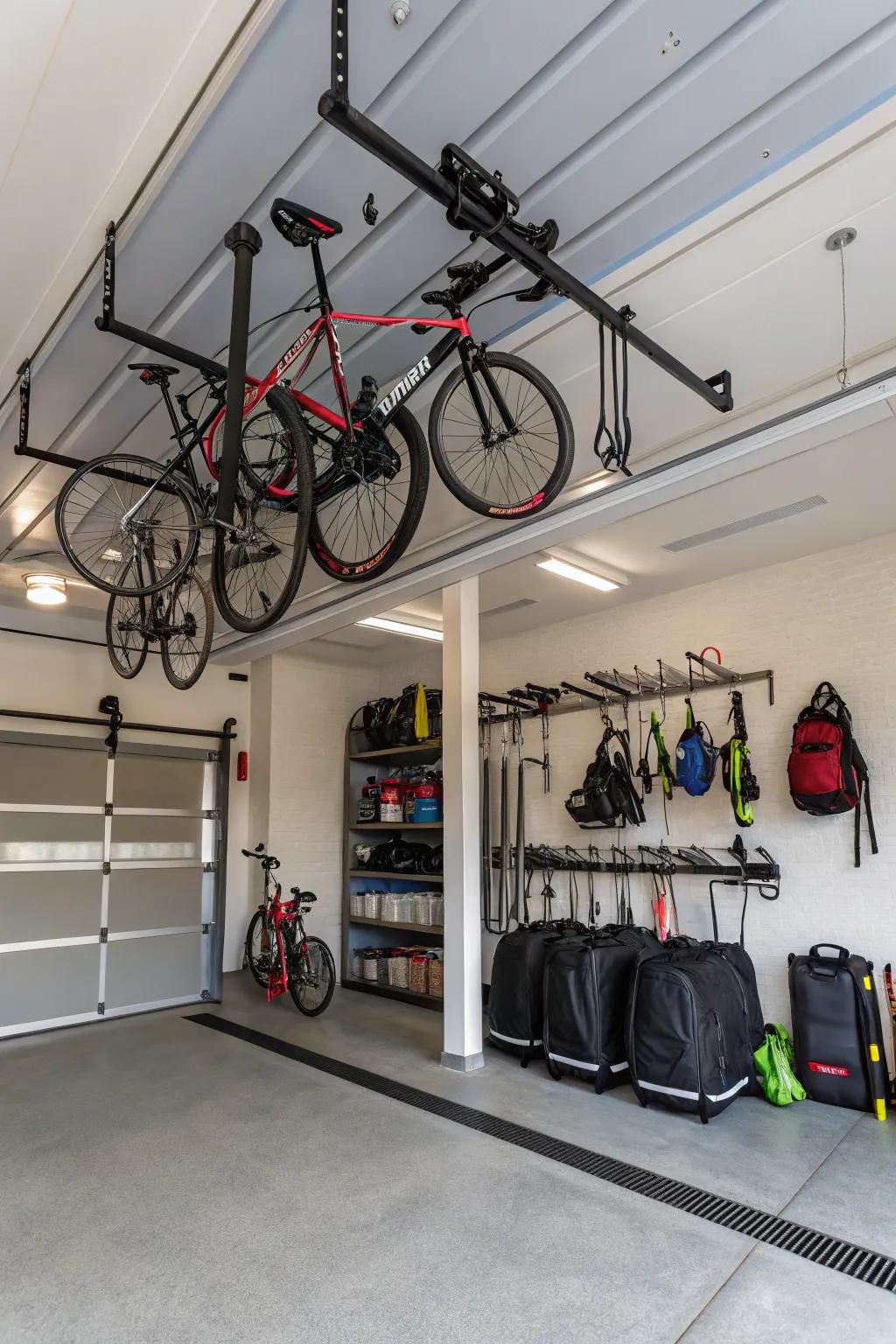 Utilizing ceiling space keeps the floor clear and organized.