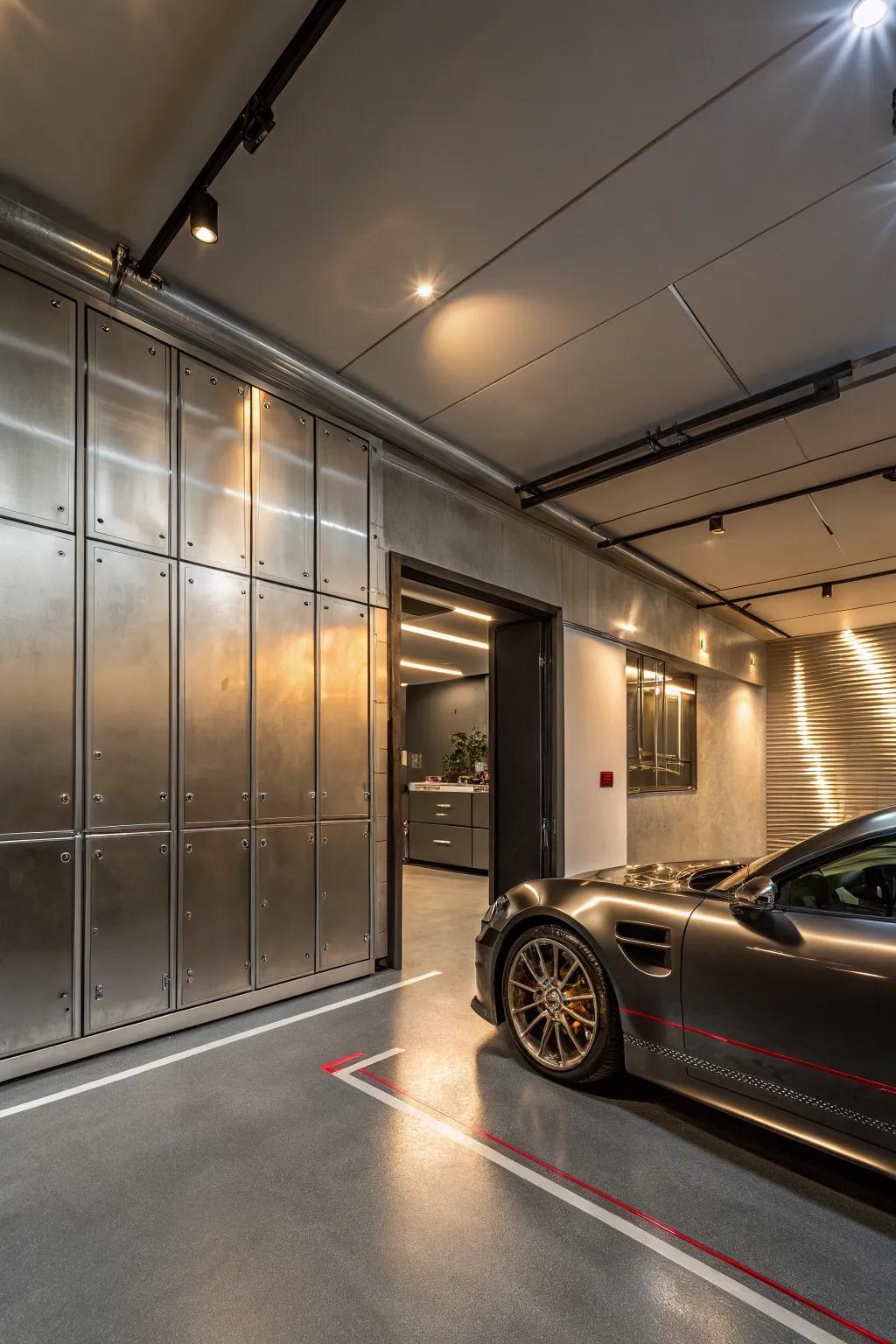 Gleaming accents introduce a lavish glimmer to garage styling.