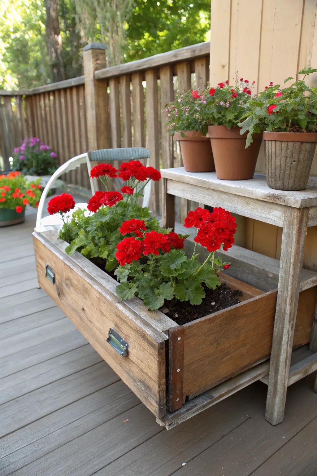 A creative use of a revived case as a charming bed for vibrant geraniums.