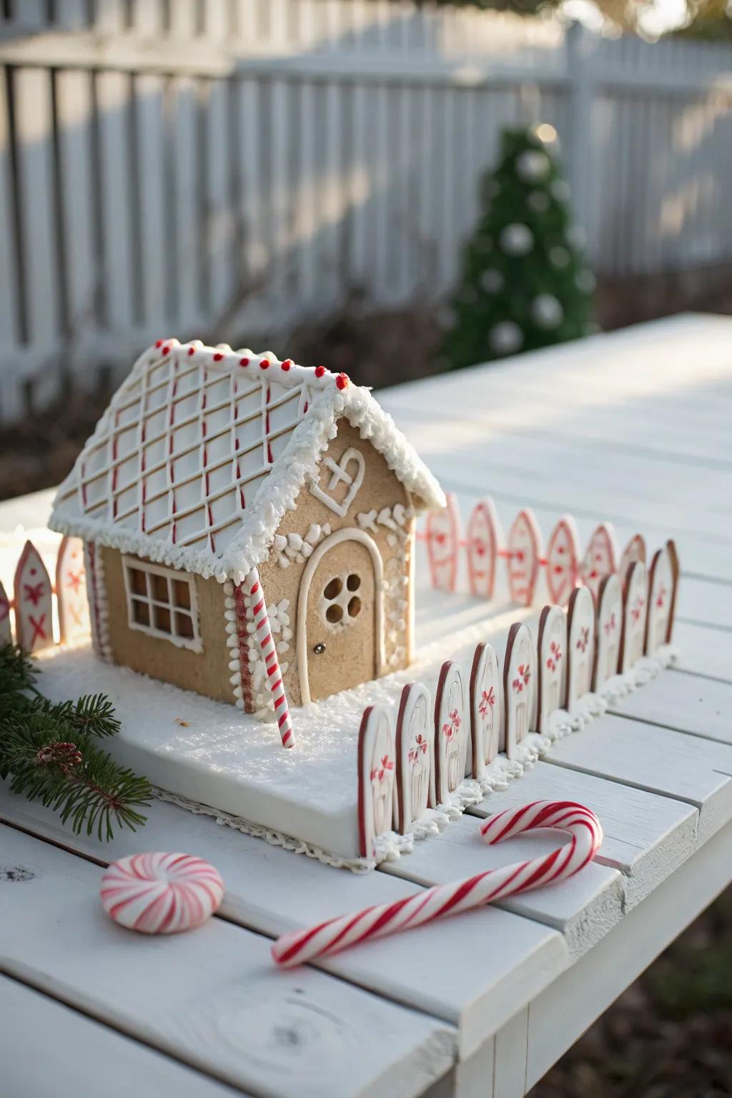 Sweet simplicity: A gingerbread structure featuring an endearing sugar stick barrier, ideal for the holiday season.