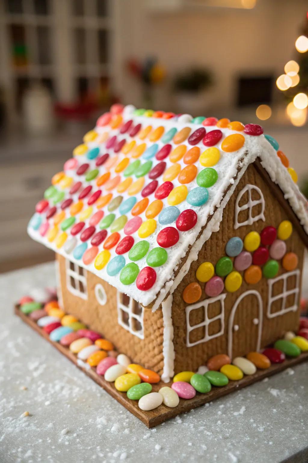 Jelly bean mosaics turn gingerbread roofs into colorful artworks.