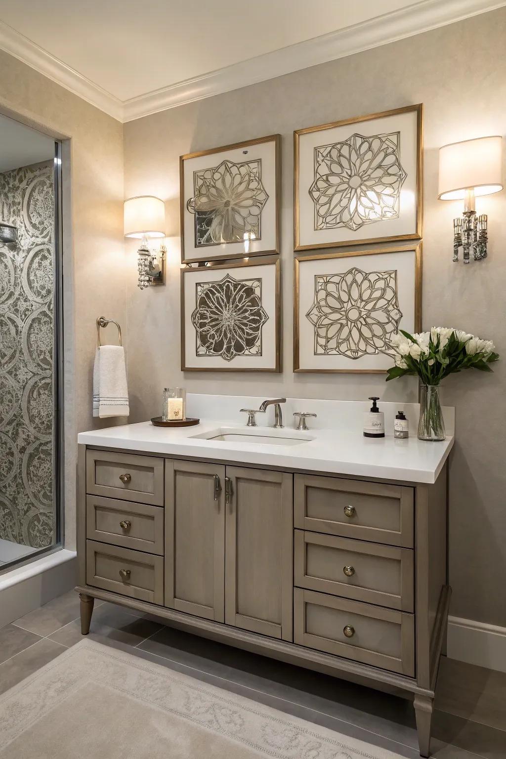 An elegant bathroom featuring artwork above a modern vanity.