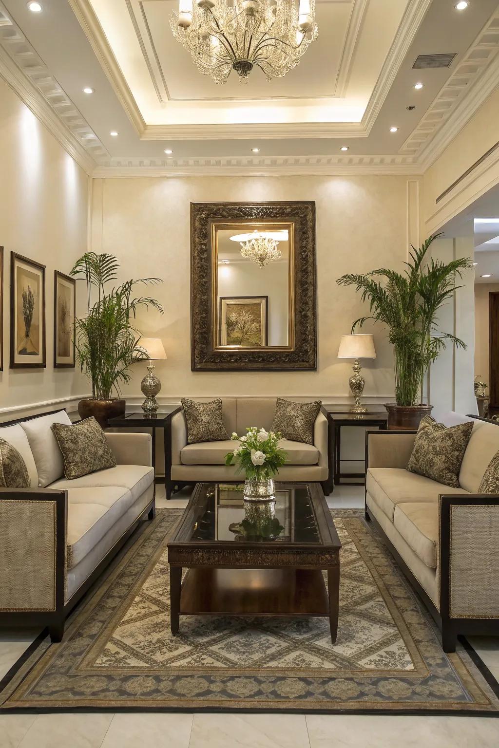A balanced arrangement ensures harmony and flow in a glamorous living space.