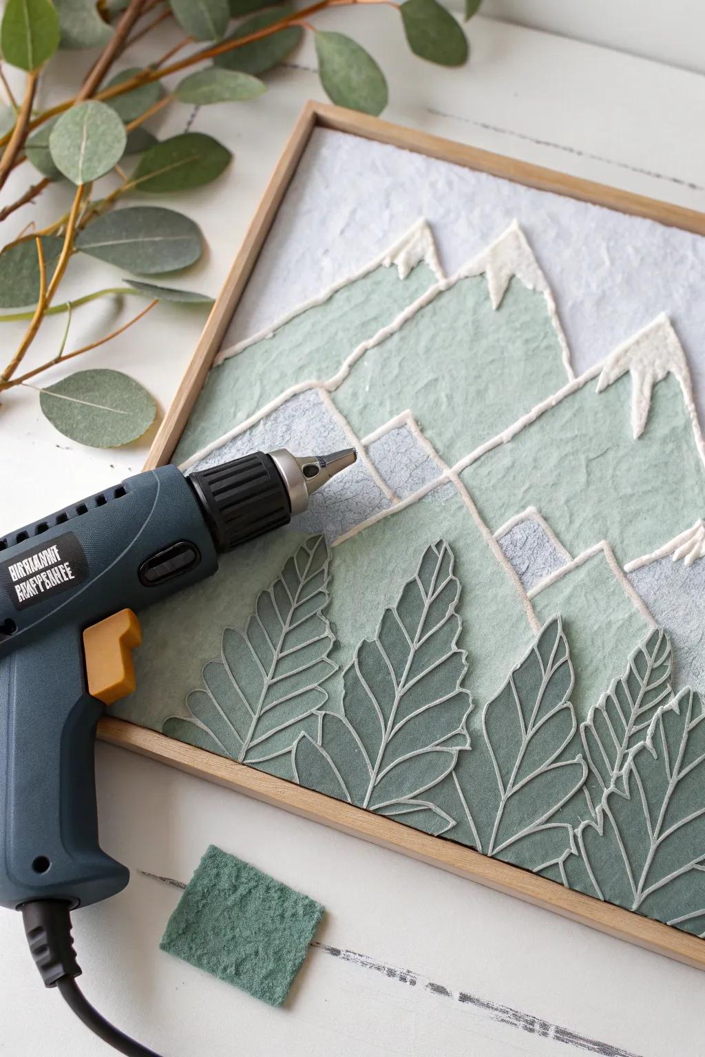 Explore the serene beauty of textured mountain ranges with adhesive applicator artistry, blending simplicity and natural elegance.