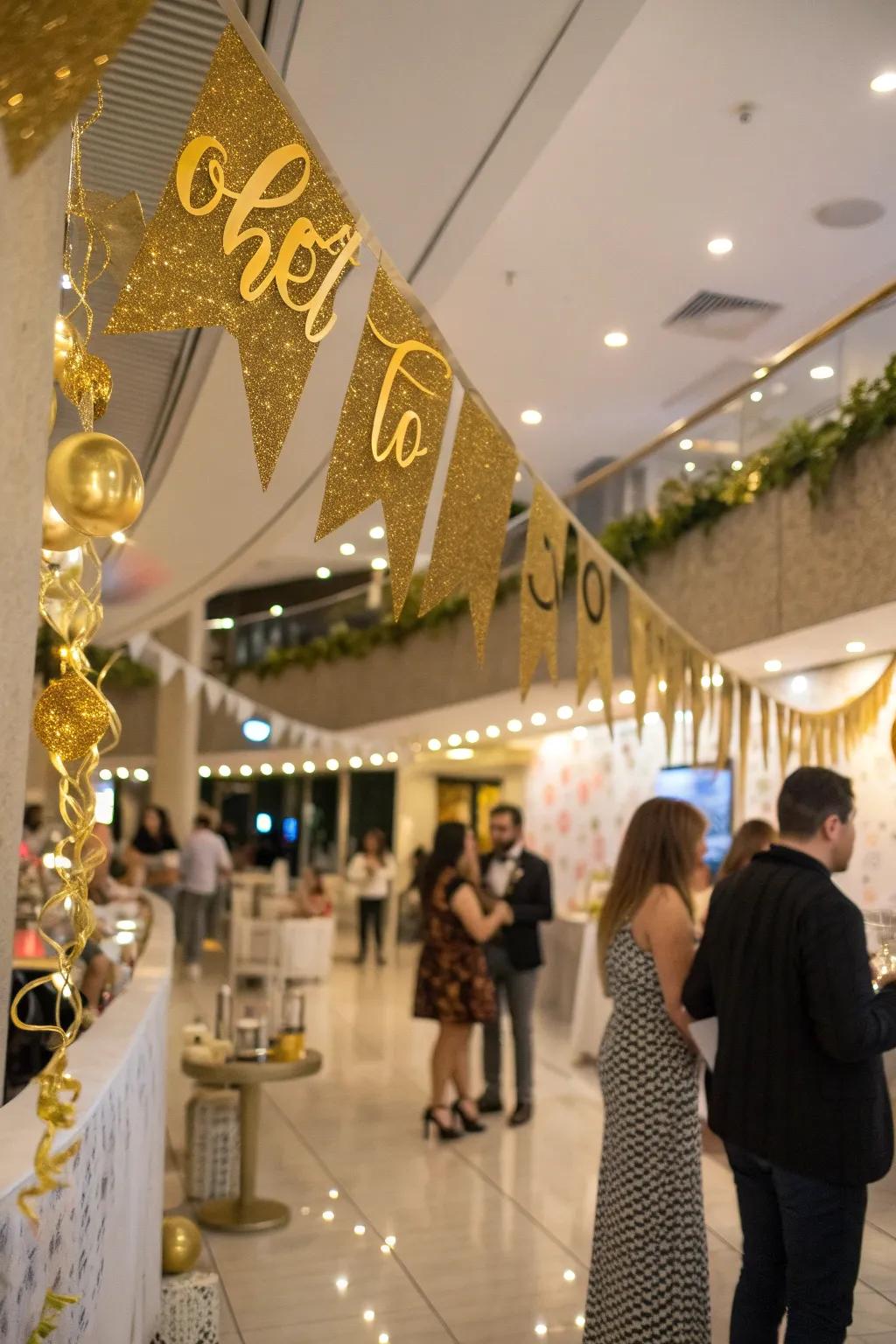 Gleaming-lettered signage adds a chic and personalized touch to the decorations.