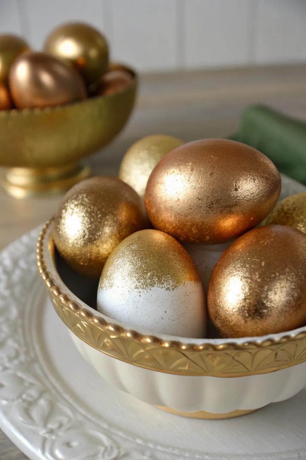 Gilded eggs exhibiting a graduated hue impression proffer a fashionable distortion.