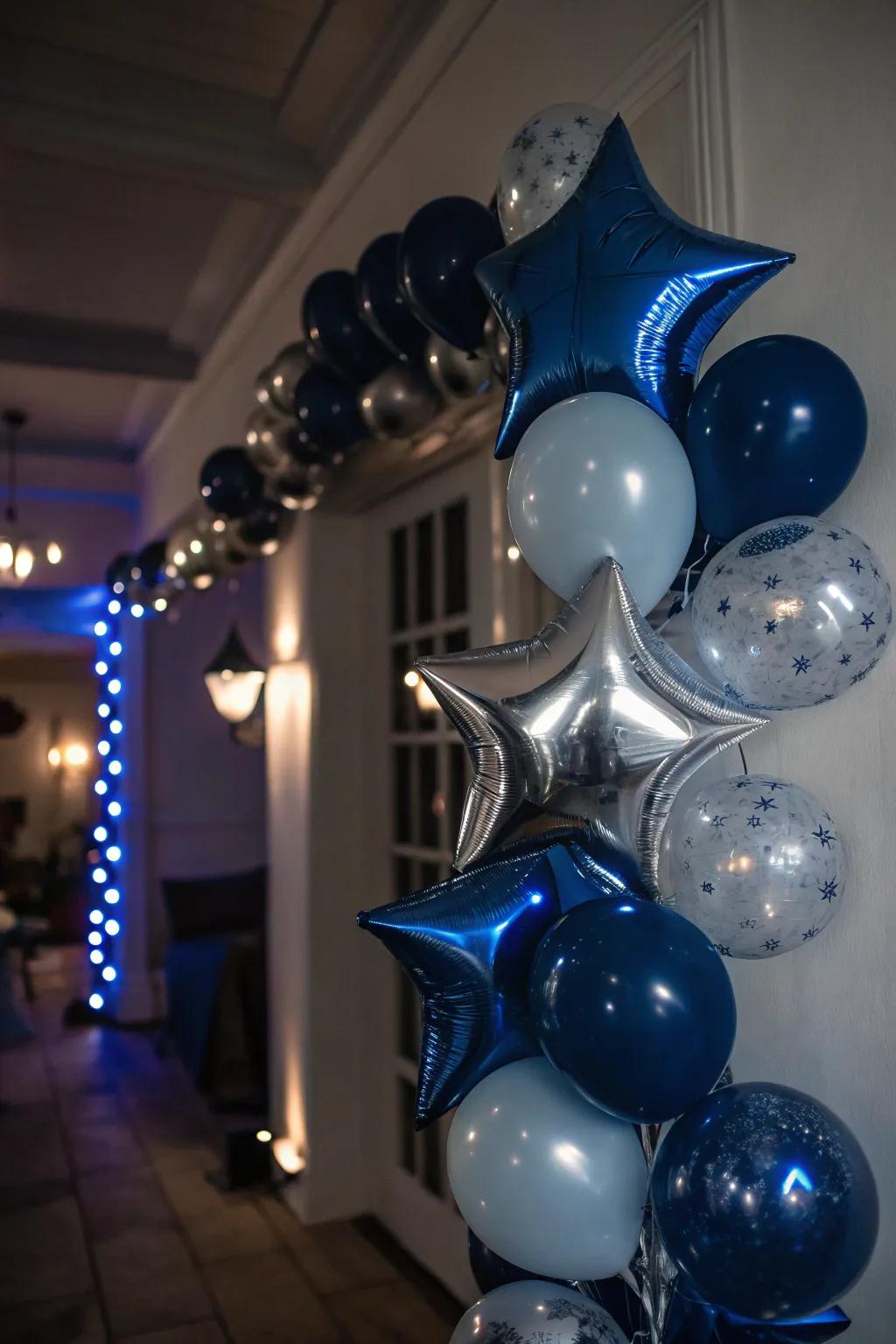 Magical starry night balloon garland creating a celestial ambiance.