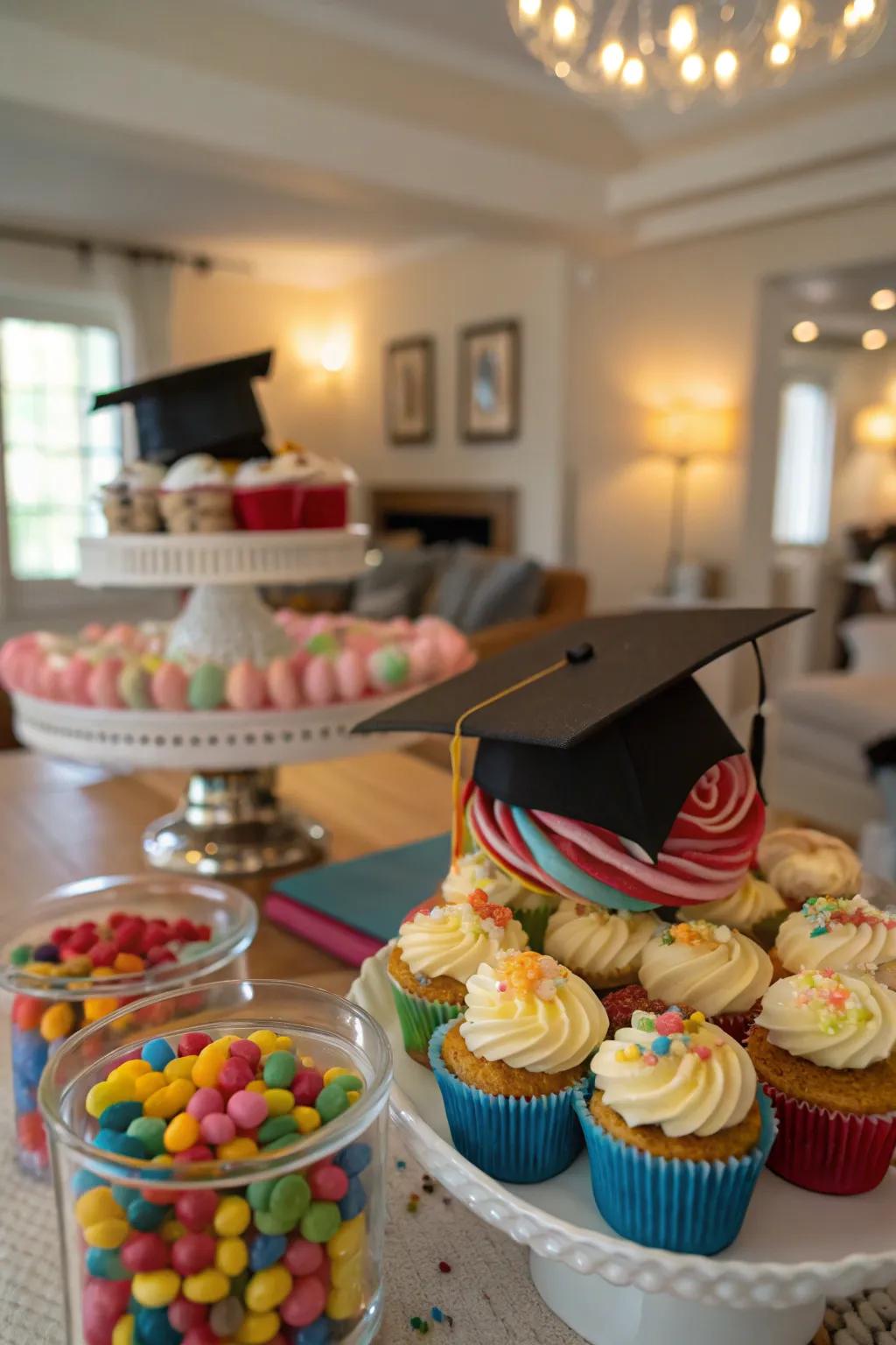 Edible graduation caps transform cupcakes into an ideal candy table treat.