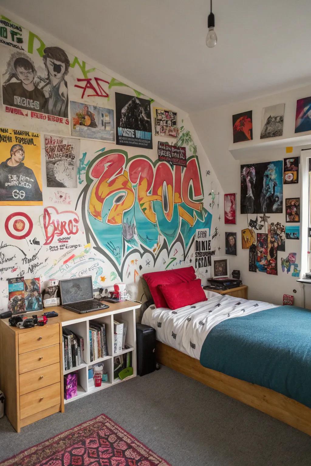 Graffiti wallpaper adding a lively spark to a personal space