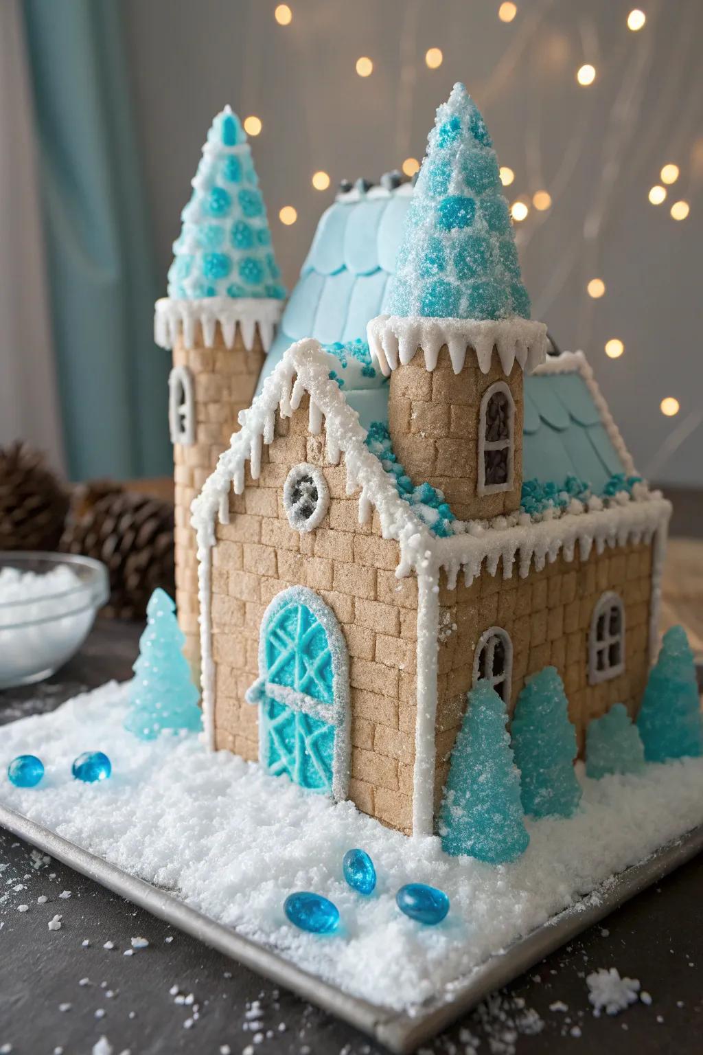 Ice castle gingerbread house with a frosty allure.