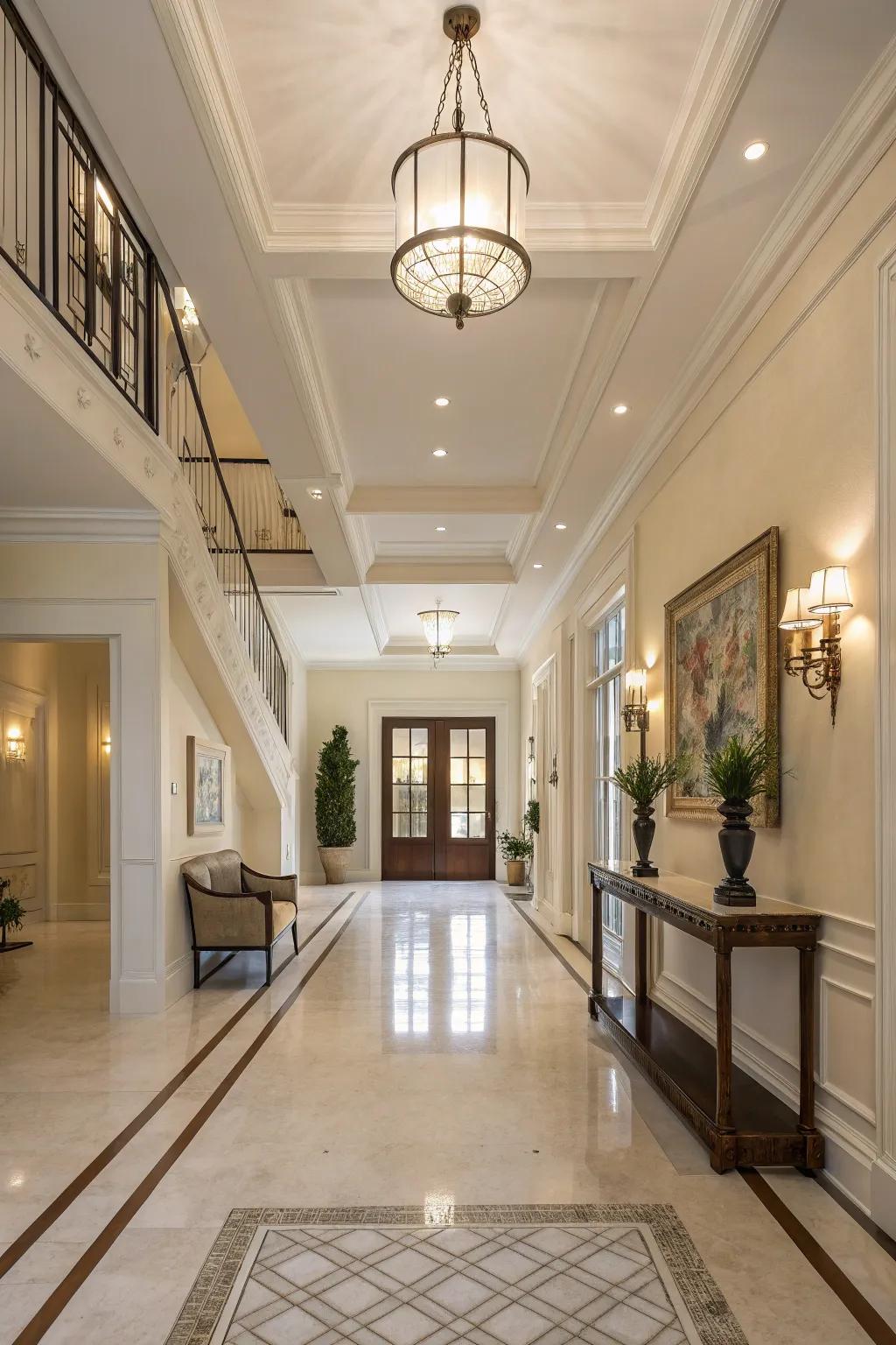 Neutral tones establish a timeless and calm atmosphere in a grand entryway.