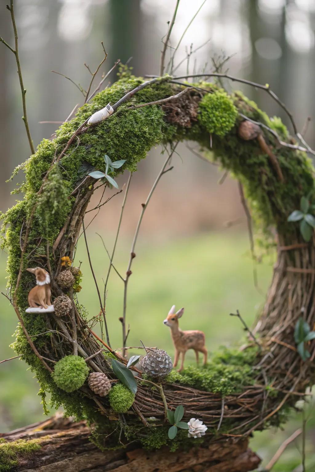 A dreamlike forest-centric grapevine wreath featuring lichen.