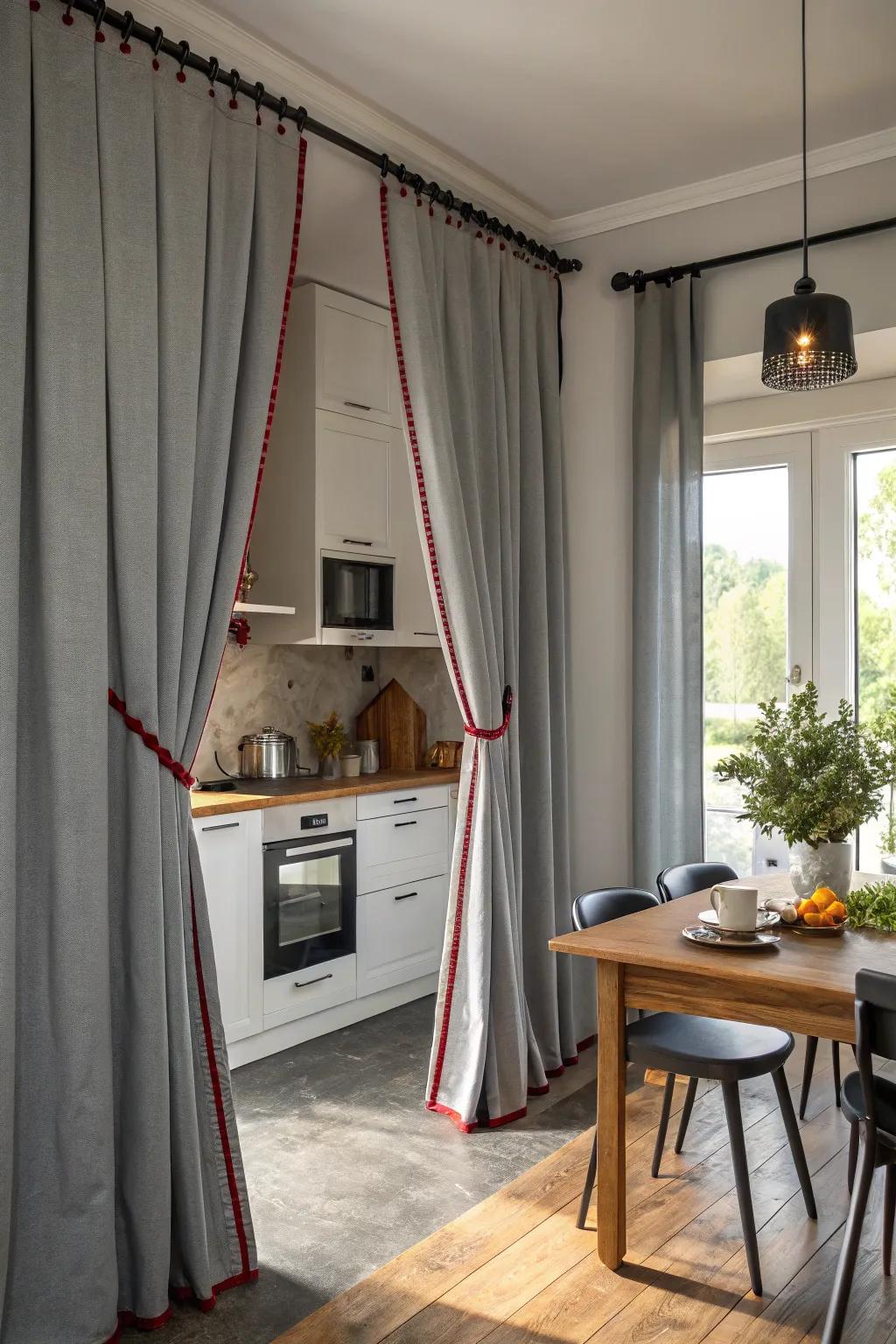 Gray drapes with contrasting borders for a striking visual effect.