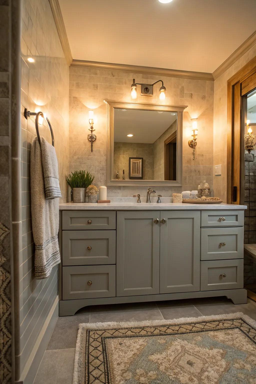 A cozy and inviting bathroom features a gray vanity enhanced by ambient lighting.