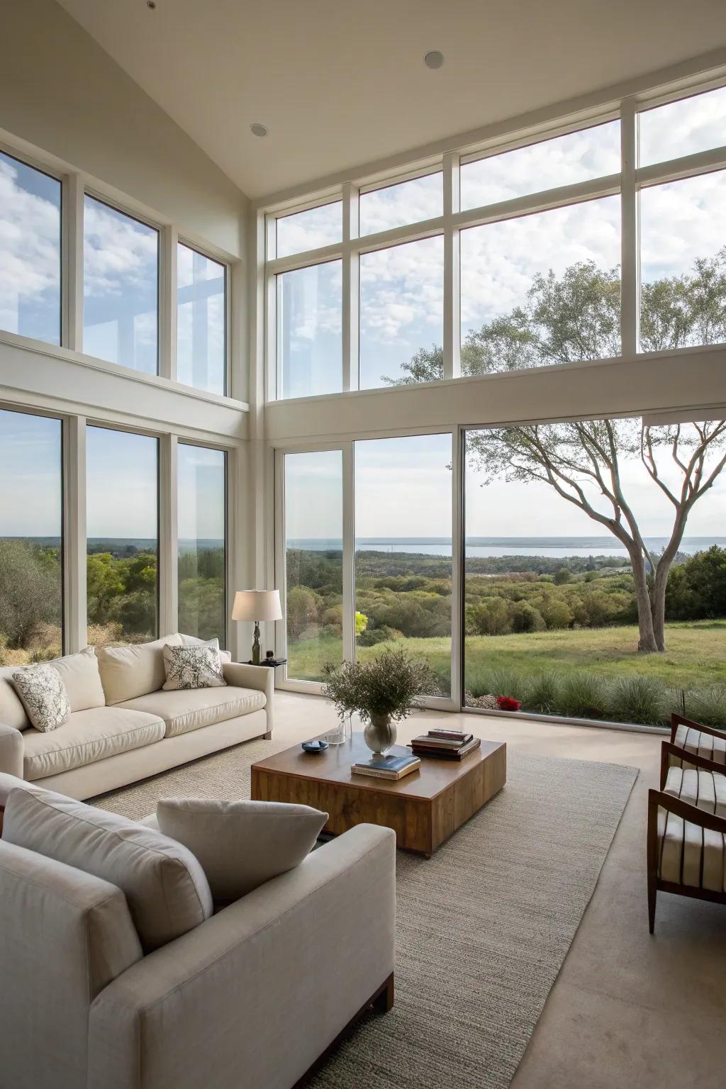 A full window wall establishes a seamless connection between the living space and nature.