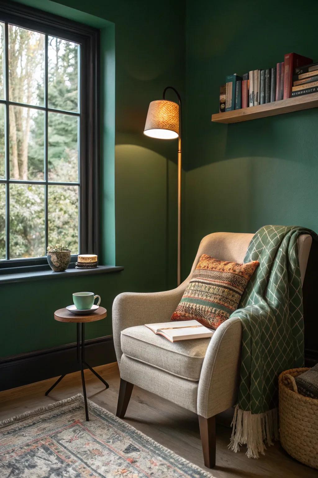 A forest green wall makes this reading corner inviting and cozy.