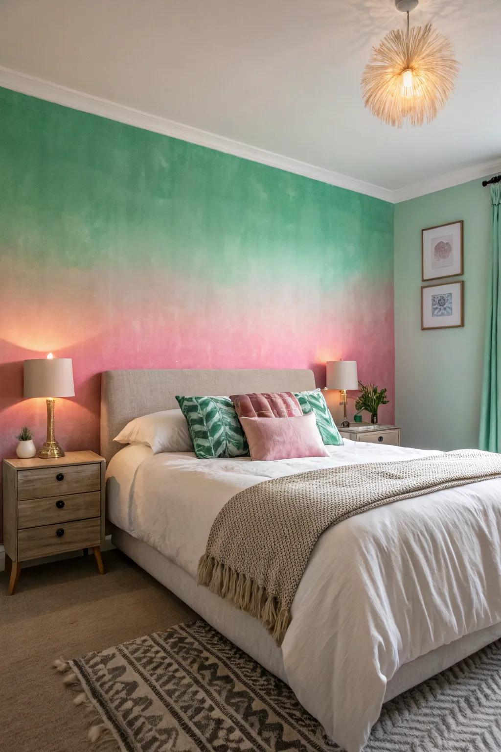 Ombre walls in green and pink offer a unique and elegant visual.
