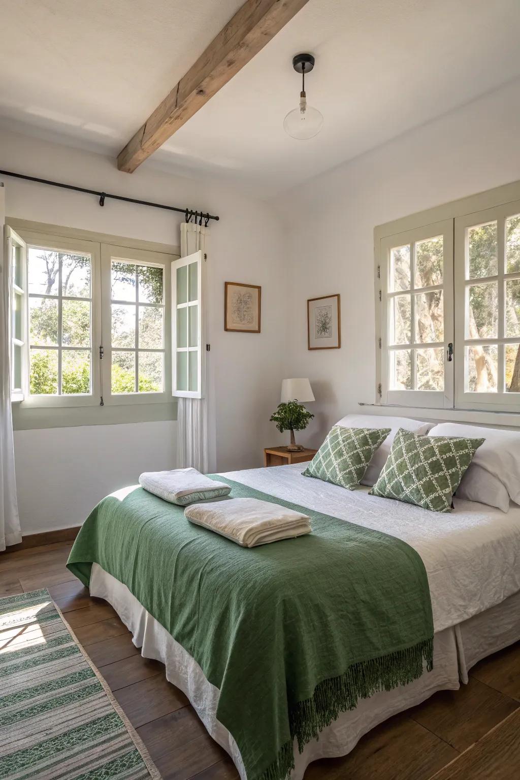 A green and white color scheme fosters a fresh and airy ambiance in this bedroom.