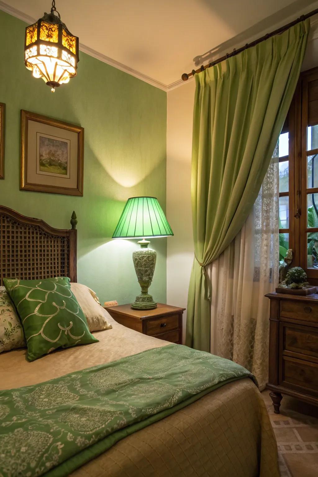 Soft lighting and warm green tones combine to create a comfortable bedroom retreat.