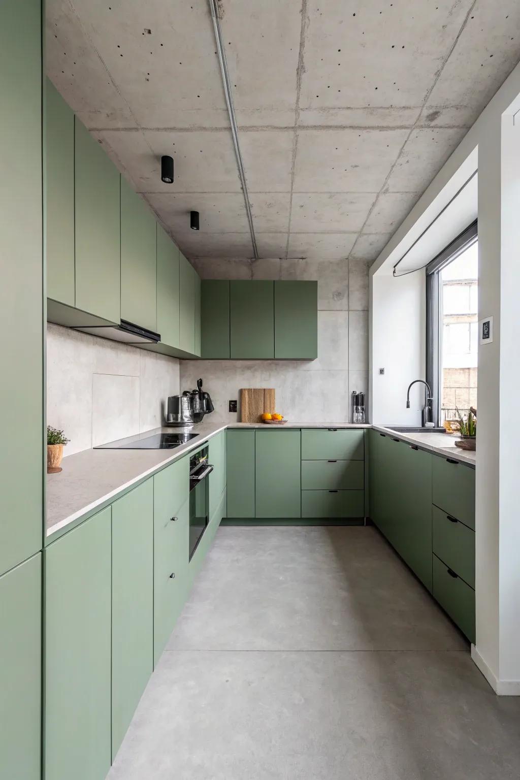 Contemporary minimalist kitchen featuring sleek flat green cabinets.