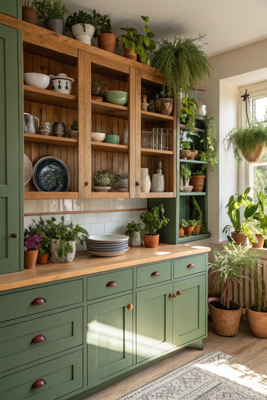 Exposed shelving with green cabinets creates an airy kitchen feel.