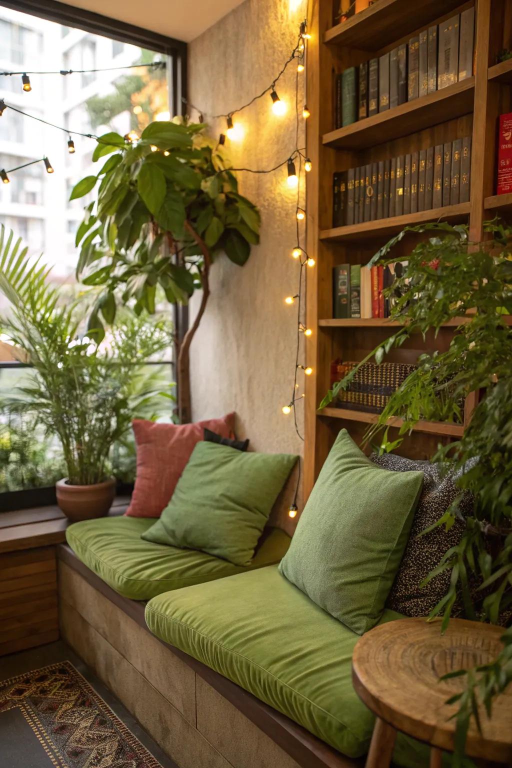A snug reading alcove featuring verdant accents.