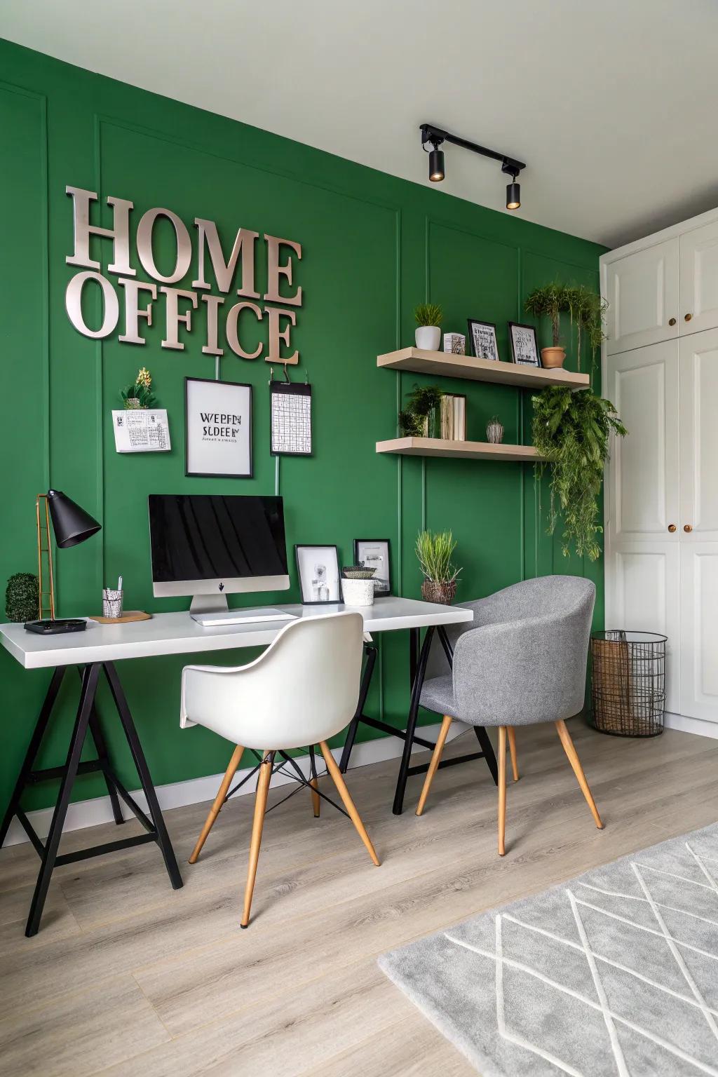 A home office where a green wall acts as a striking foundation for signs.