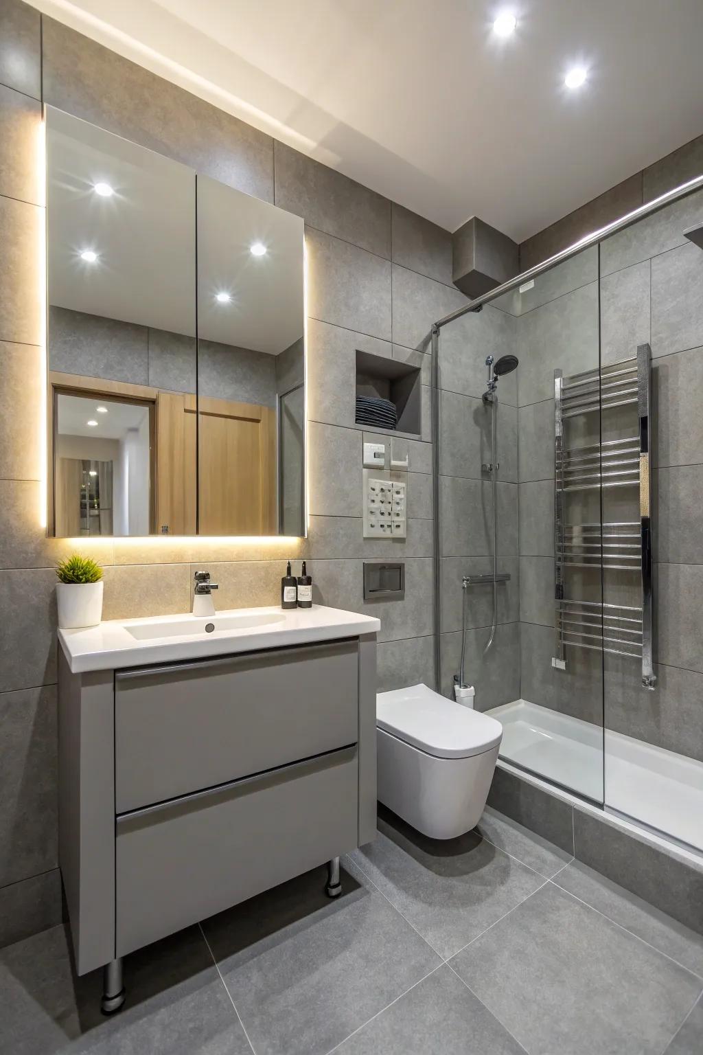 A strategic layout enhances both function and style in a grey bathroom.