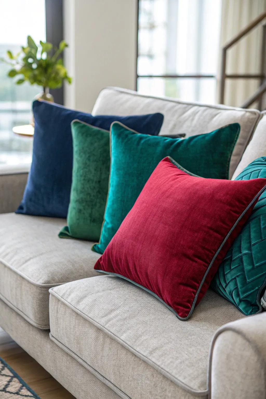 Vibrant colors add a luxurious touch to a grey couch.