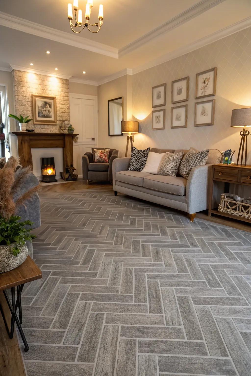 Herringbone patterns add sophistication to grey floors.