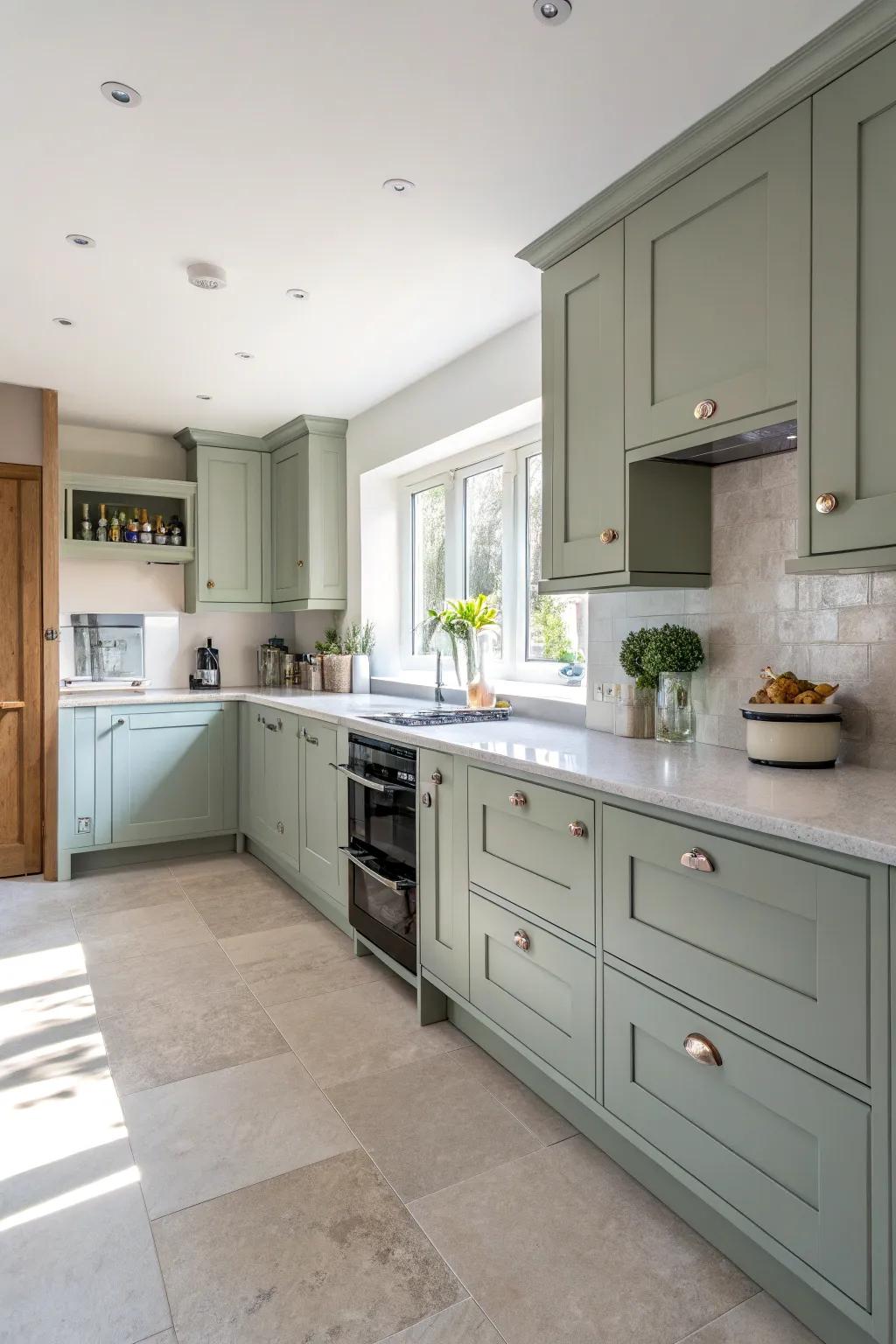 Light countertops amplify the airy feel of grey-green cabinets.