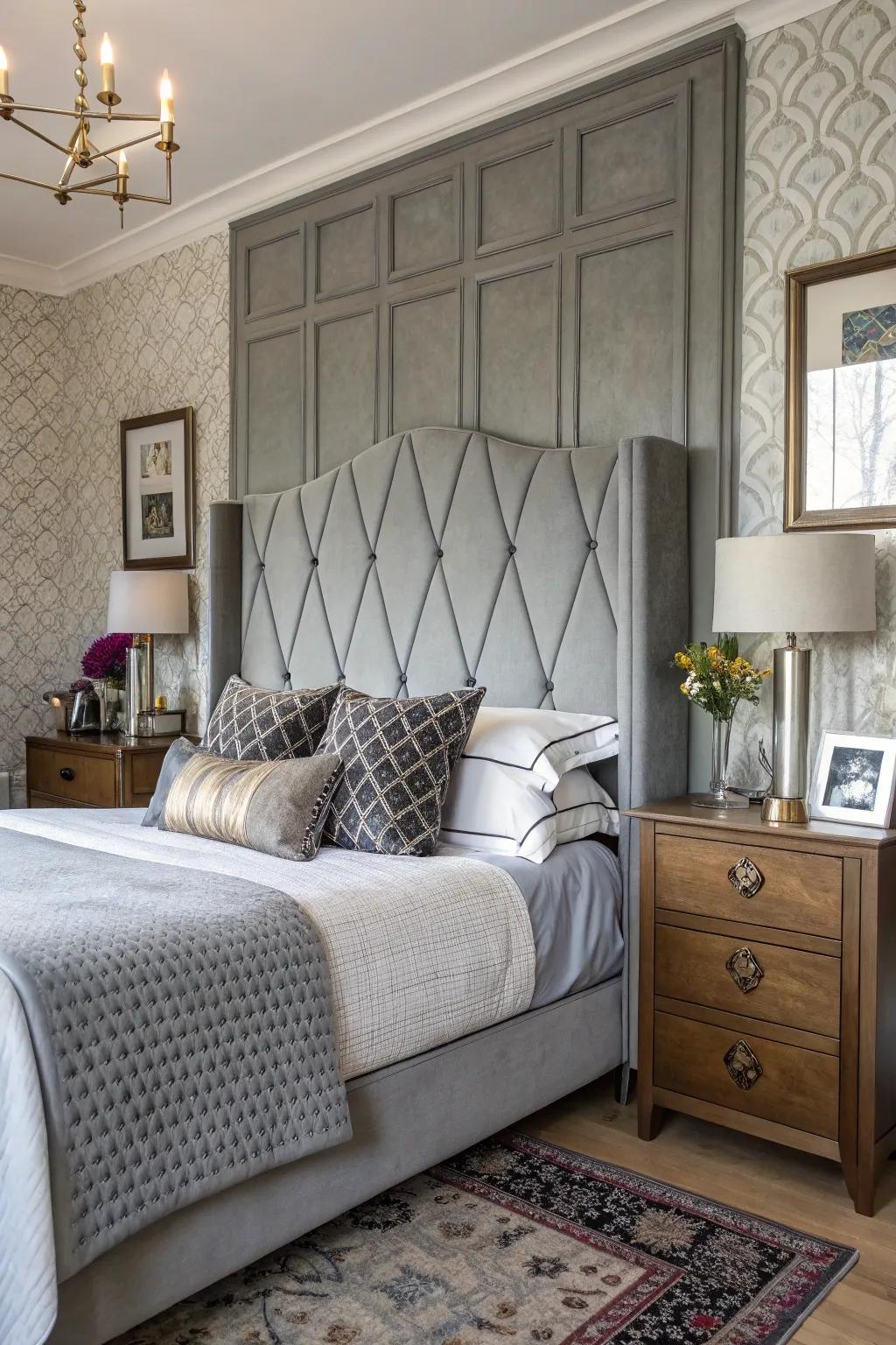 A bedroom that effortlessly incorporates contemporary and heritage elements with a grey headboard.