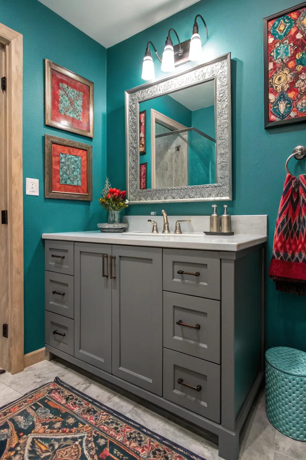 Strong shades such as teal introduce drama to the grey vanity setup.