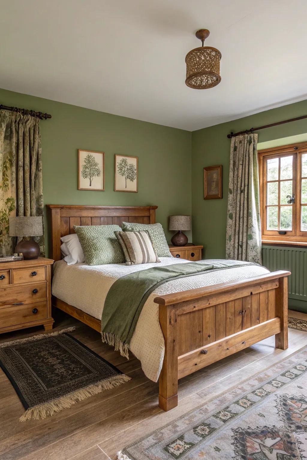 A guest room with rustic olive green for a grounded atmosphere.