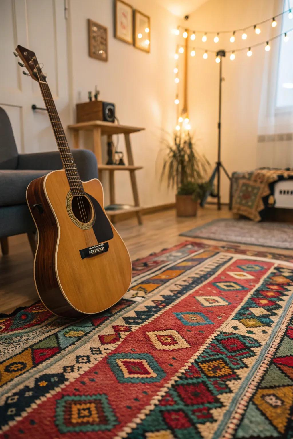 Bring in warmth with a colorful carpet.