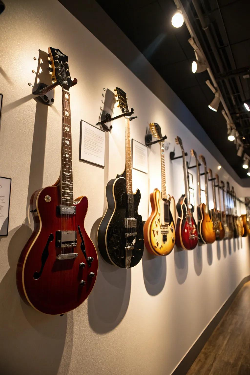 Guitars highlighted with spotlights for a gallery effect.
