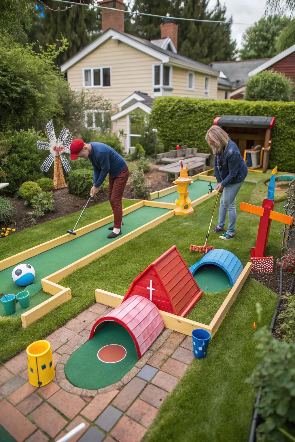 A fun backyard mini golf course, adding a playful touch to the half birthday celebration.