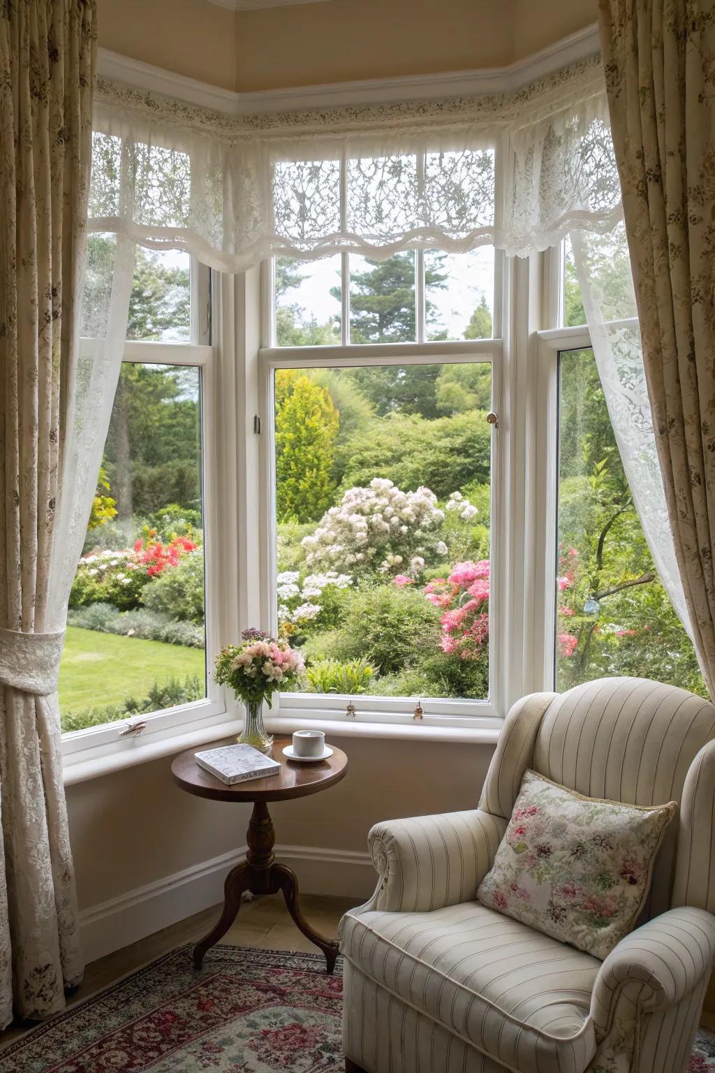 A charming bay window featuring half window coverings.